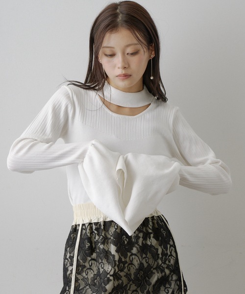 ベルスリーブチョーカーリブニットトップス（ニット/セーター