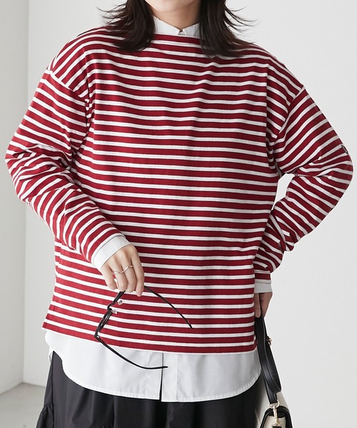 BONLECILL（ボンルシール）の「【選べるサイズ】無地/ボーダーアソート マリン刺繍ボートネックプルオーバーロンT（Tシャツ/カットソー・レディース・ブラック/オフホワイト/レッド系1/ネイビー系2/ネイビー系1・M/L/S）」の14枚目の写真