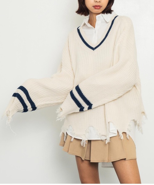 ANAP(アナップ)の「ダメージラインニットトップス【親子お揃い】(ニット/セーター・レディース・グリーン/アイボリー/ブラック・FREE)」の1枚目の写真