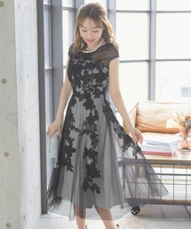 Retica（レティカ）の「パーティードレス Aライン 立体 フラワー刺繍 シースルー切替 チュール フレア ミモレ丈 結婚式 低身長 20代 30代 大きいサイズ お呼ばれ（ワンピース）」