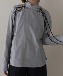 レースアップ ラッフルネック シャツ ブラウス フリル ストライプ