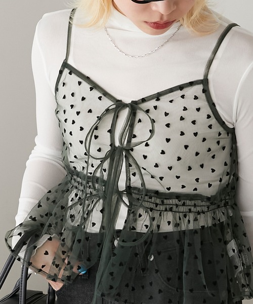 BONLECILL（ボンルシール）の「ハートチュールリボンキャミソールビスチェ（キャミソール・レディース・アイボリー/モカ/ネイビー/ブラック/カーキ・FREE）」の4枚目の写真