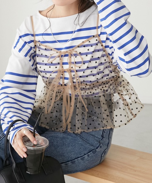 BONLECILL（ボンルシール）の「ハートチュールリボンキャミソールビスチェ（キャミソール・レディース・アイボリー/モカ/ネイビー/ブラック/カーキ・FREE）」の3枚目の写真