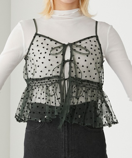 BONLECILL（ボンルシール）の「ハートチュールリボンキャミソールビスチェ（キャミソール・レディース・アイボリー/モカ/ネイビー/ブラック/カーキ・FREE）」の9枚目の写真