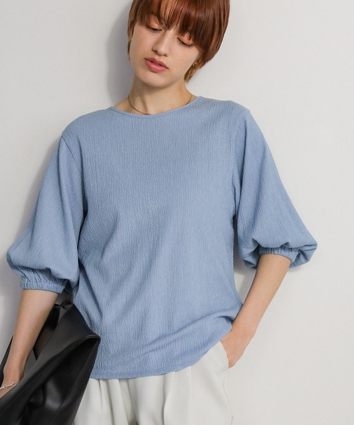 select MOCA(セレクトモカ)の「クラッシュジャガードパフスリーブトップス(Tシャツ/カットソー・レディース・サックスブルー/ブラック/アイボリー・FREE)」の3枚目の写真