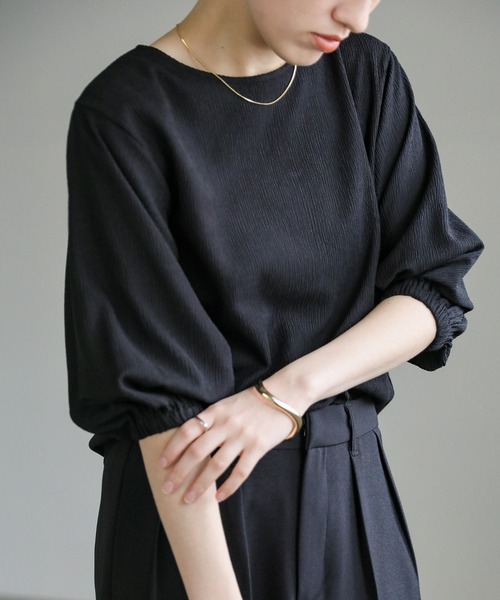 select MOCA(セレクトモカ)の「クラッシュジャガードパフスリーブトップス(Tシャツ/カットソー・レディース・サックスブルー/ブラック/アイボリー・FREE)」の2枚目の写真