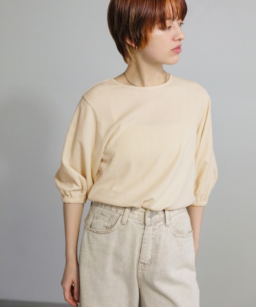 select MOCA(セレクトモカ)の「クラッシュジャガードパフスリーブトップス(Tシャツ/カットソー・レディース・サックスブルー/ブラック/アイボリー・FREE)」の20枚目の写真
