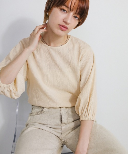 select MOCA(セレクトモカ)の「クラッシュジャガードパフスリーブトップス(Tシャツ/カットソー・レディース・サックスブルー/ブラック/アイボリー・FREE)」の17枚目の写真