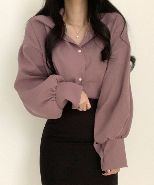 VIVID LADY(ビビッドレディー)の「ボリューム袖シャツブラウス バルーン袖ブラウス 韓国ファッション(シャツ/ブラウス・レディース・イエロー/パープル/ベージュ/スカイブルー/アイボリー/ブラック/ワインレッド・FREE)」の6枚目の写真