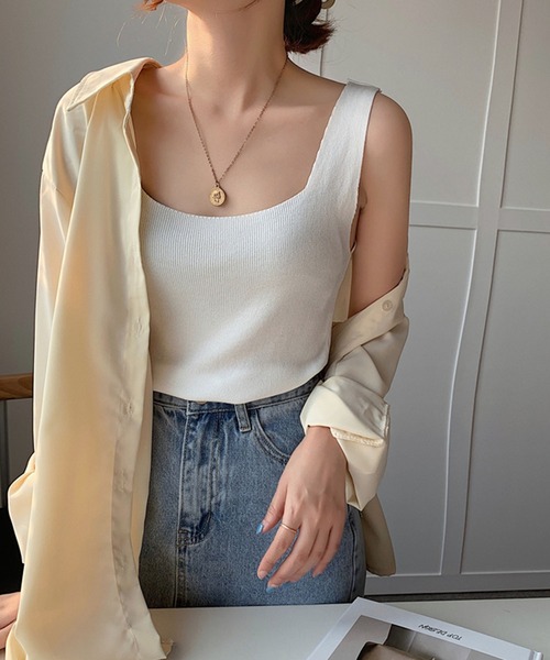 MILAE（ミレ）の「スクエアネックリブ編みタンクトップ（タンクトップ・レディース・ホワイト/ライトグリーン/イエロー/ブラック/ライトピンク/ライトベージュ/サックスブルー・FREE）」の8枚目の写真