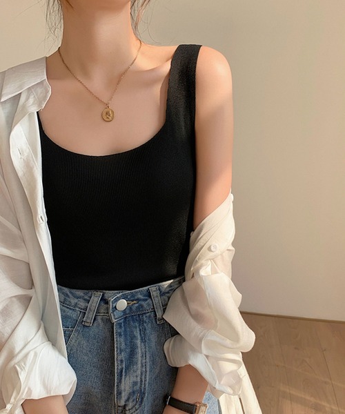 MILAE（ミレ）の「スクエアネックリブ編みタンクトップ（タンクトップ・レディース・ホワイト/ライトグリーン/イエロー/ブラック/ライトピンク/ライトベージュ/サックスブルー・FREE）」の13枚目の写真