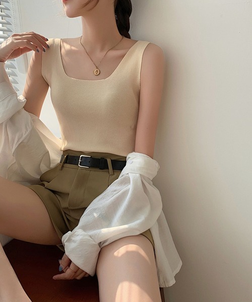 MILAE（ミレ）の「スクエアネックリブ編みタンクトップ（タンクトップ・レディース・ホワイト/ライトグリーン/イエロー/ブラック/ライトピンク/ライトベージュ/サックスブルー・FREE）」の15枚目の写真