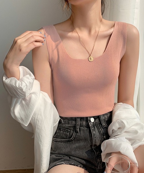 MILAE（ミレ）の「スクエアネックリブ編みタンクトップ（タンクトップ・レディース・ホワイト/ライトグリーン/イエロー/ブラック/ライトピンク/ライトベージュ/サックスブルー・FREE）」の17枚目の写真