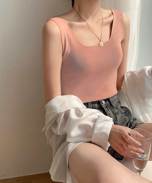 MILAE（ミレ）の「スクエアネックリブ編みタンクトップ（タンクトップ・レディース・ホワイト/ライトグリーン/イエロー/ブラック/ライトピンク/ライトベージュ/サックスブルー・FREE）」の18枚目の写真