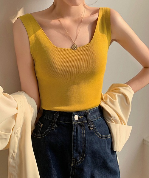 MILAE（ミレ）の「スクエアネックリブ編みタンクトップ（タンクトップ・レディース・ホワイト/ライトグリーン/イエロー/ブラック/ライトピンク/ライトベージュ/サックスブルー・FREE）」の21枚目の写真