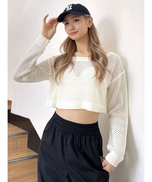 GYDA(ジェイダ)の「メッシュショートLOOSEニットトップス(ニット/セーター・レディース・オフホワイト/ブラック・FREE)」の2枚目の写真