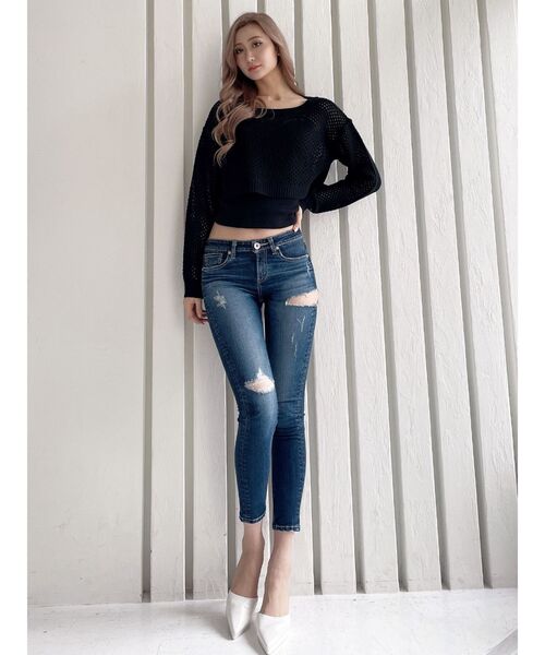 GYDA(ジェイダ)の「メッシュショートLOOSEニットトップス(ニット/セーター・レディース・オフホワイト/ブラック・FREE)」の6枚目の写真