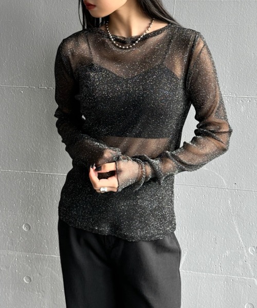 LVEU.(ラブユ.)の「【LVEU.】クルーネックラメシアートップス / トップス シアー シースルー ラメ クルーネック プルオーバー レイヤード ブラック グレー(Tシャツ/カットソー・レディース・ブラック/グレー・FREE)」の8枚目の写真