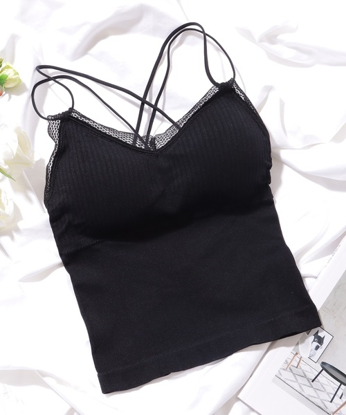 Lace Ladies（レースレディース）の「レーススカラップ バック クロスストラップ カップ付き キャミソール（キャミソール・レディース・グレー/ブラック/ホワイト/イエロー・FREE）」の2枚目の写真