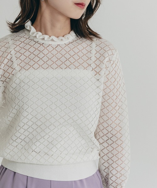 TITE IN THE STORE（ティテ　インザ　ストア）の「ダイヤ柄フリルネックニット（ニット/セーター・レディース・ブラック/オフホワイト・FREE）」の2枚目の写真