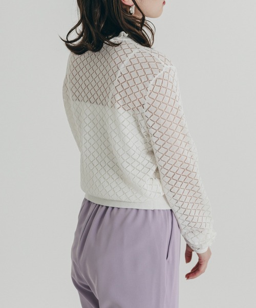 TITE IN THE STORE（ティテ　インザ　ストア）の「ダイヤ柄フリルネックニット（ニット/セーター・レディース・ブラック/オフホワイト・FREE）」の6枚目の写真