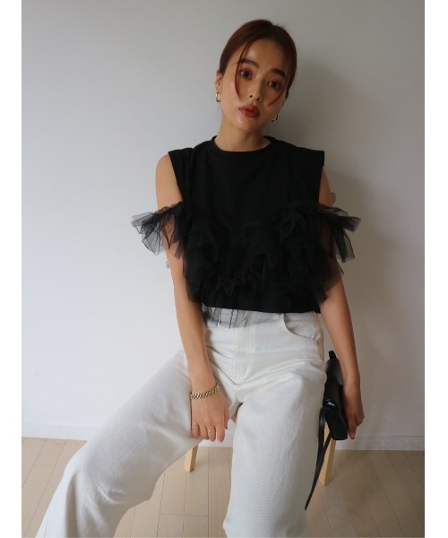 TRUNC（トランクエイティーエイト）の「Sleeveless Tulle Tee（Tシャツ/カットソー・レディース・アイボリー/ブラック・FREE）」の3枚目の写真