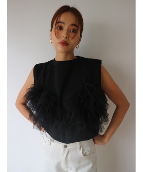 TRUNC（トランクエイティーエイト）の「Sleeveless Tulle Tee（Tシャツ/カットソー・レディース・アイボリー/ブラック・FREE）」の4枚目の写真