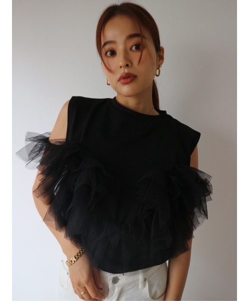 TRUNC（トランクエイティーエイト）の「Sleeveless Tulle Tee（Tシャツ/カットソー・レディース・アイボリー/ブラック・FREE）」の5枚目の写真