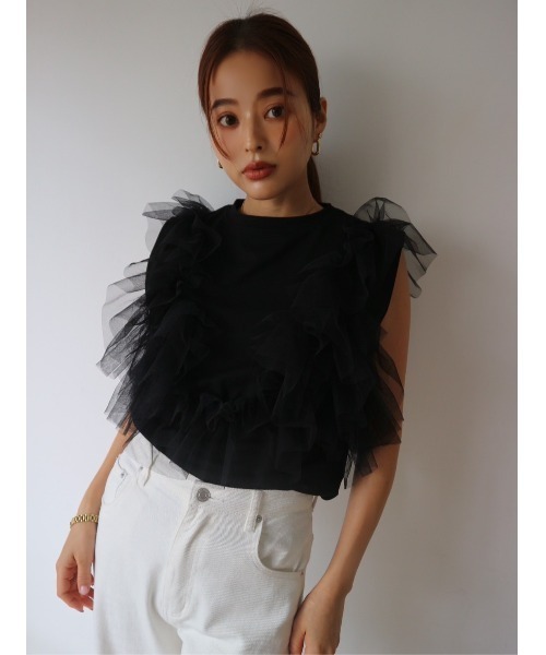 TRUNC（トランクエイティーエイト）の「Sleeveless Tulle Tee（Tシャツ/カットソー・レディース・アイボリー/ブラック・FREE）」の6枚目の写真