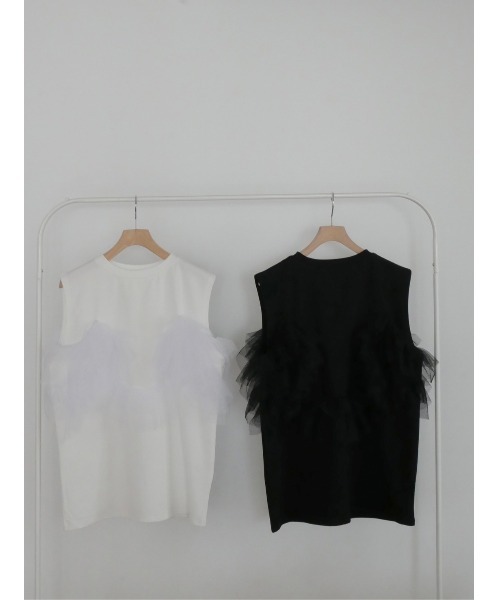 TRUNC（トランクエイティーエイト）の「Sleeveless Tulle Tee（Tシャツ/カットソー・レディース・アイボリー/ブラック・FREE）」の7枚目の写真