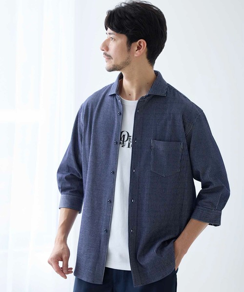 【セール】ストライプサッカー七分袖ワイドカラーシャツ（シャツ/ブラウス）｜UNION STATION（ユニオンステーション）