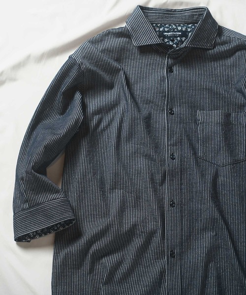 【セール】ストライプサッカー七分袖ワイドカラーシャツ（シャツ/ブラウス）｜UNION STATION（ユニオンステーション）