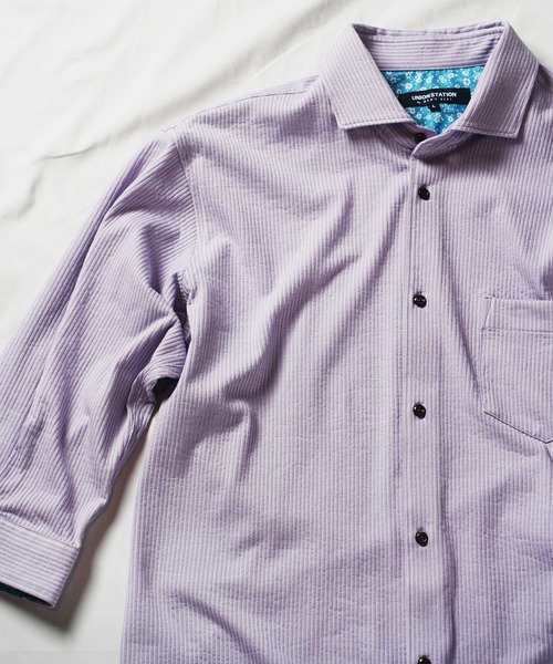 【セール】ストライプサッカー七分袖ワイドカラーシャツ（シャツ/ブラウス）｜UNION STATION（ユニオンステーション）