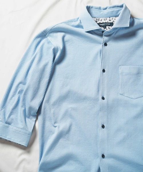 【セール】ストライプサッカー七分袖ワイドカラーシャツ（シャツ/ブラウス）｜UNION STATION（ユニオンステーション）