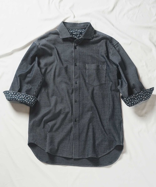 【セール】ストライプサッカー七分袖ワイドカラーシャツ（シャツ/ブラウス）｜UNION STATION（ユニオンステーション）