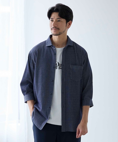 【セール】ストライプサッカー七分袖ワイドカラーシャツ（シャツ/ブラウス）｜UNION STATION（ユニオンステーション）