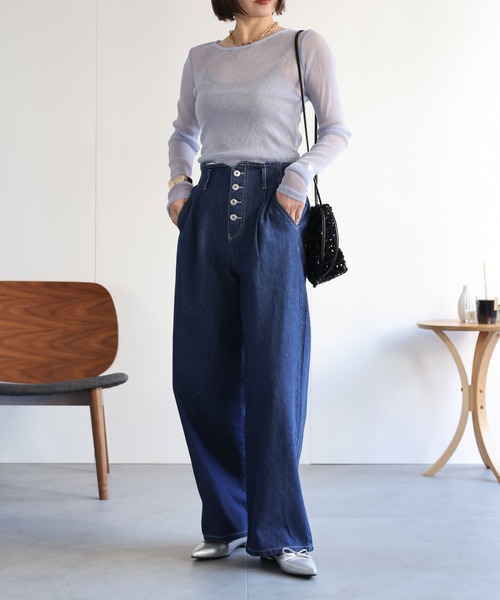 Style boat Marketデニム風 ハイウエスト ヨガパンツ S ハイウエストSIDE RIPPEDストレートワイドデニムパンツ[品番