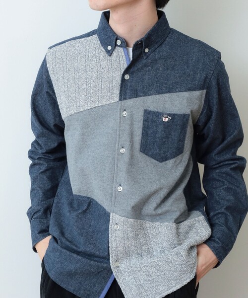 コーヒー刺繍 クレイジー ニット 切替 ボタンシャツ（シャツ/ブラウス）｜BEAMS HEART（ビームスハート）