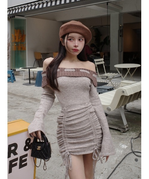 Darich ダーリッチ オフショルレースアップリボンニットミニワンピース