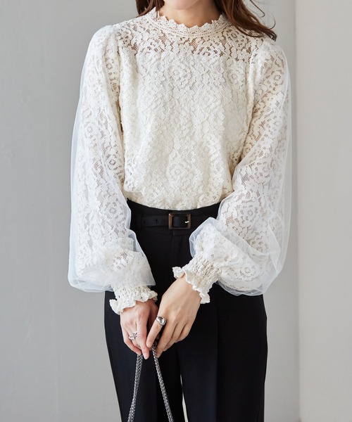 セール】チュールドッキングフラワーレースブラウス（シャツ/ブラウス