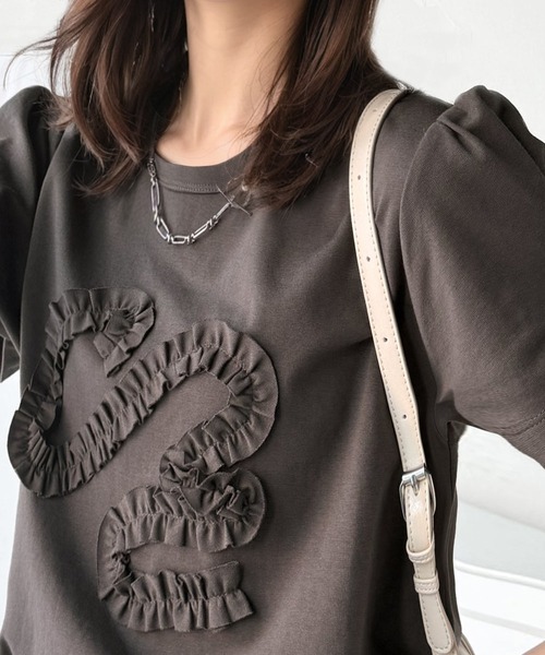classicalelf(クラシカルエルフ)の「フリル刺繍でエレガントに。シルケット風フリル刺繍パフスリーブプルオーバー(半袖)(Tシャツ/カットソー・レディース・イエロー/ブラック/ホワイト/チャコール・X-LARGE/SMALL/MEDIUM/LARGE)」の3枚目の写真