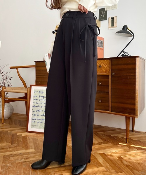 新品タグ付き⭐️2025FW⭐️セットアップ　パンツ⭐️ ブラック　M 完売品 セール】カットジョーゼットサイドリボンツータックスラックスパンツ