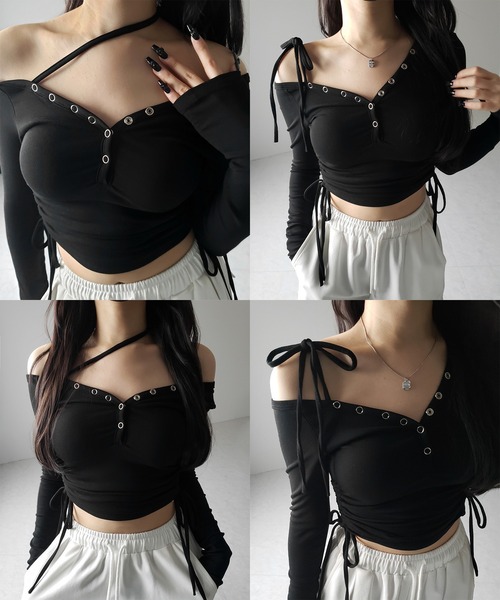 me+em select(ミームセレクト)の「【 2WAY / 裏起毛 】ナナメストラップスナップボタンシャーリングリボントップス / naname strap snap button shirring ribbon tops(Tシャツ/カットソー・レディース・ホワイト/ブラック・FREE)」の4枚目の写真