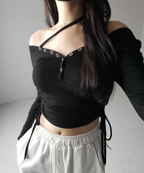 me+em select(ミームセレクト)の「【 2WAY / 裏起毛 】ナナメストラップスナップボタンシャーリングリボントップス / naname strap snap button shirring ribbon tops(Tシャツ/カットソー・レディース・ホワイト/ブラック・FREE)」の12枚目の写真