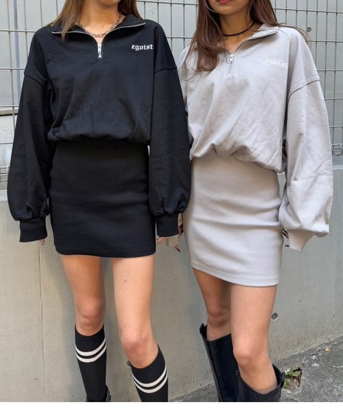 EGOIST（エゴイスト）の「ハーフZIP裏毛ミニワンピース（ワンピース・レディース・グレイッシュベージュ/ブラック・FREE）」の9枚目の写真