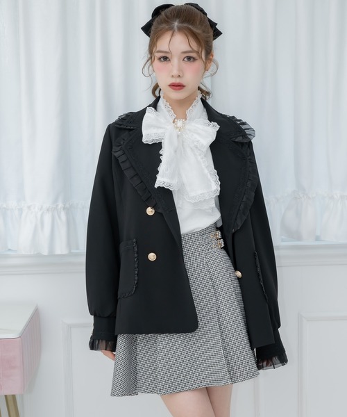 フリル付きブラウンジャケット セール】レースフリルテーラードジャケット（テーラードジャケット
