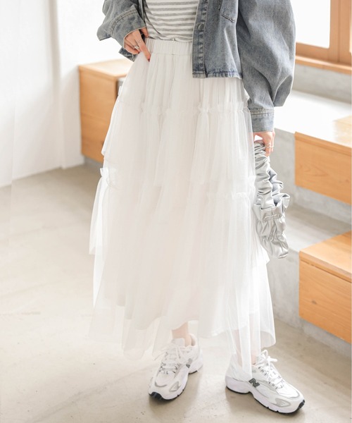 AMELY（エミリー）の「チュールティアードスカート（スカート・レディース・ホワイト/ブラック・フリー）」の6枚目の写真