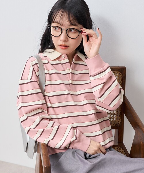 極美品✨プリーツプリーズ 異素材ドッキング ボーダートップス ピンク系 XL SLY（スライ）の「MINK LIKE H/S BORDER TOPS/ハーフスリーブ