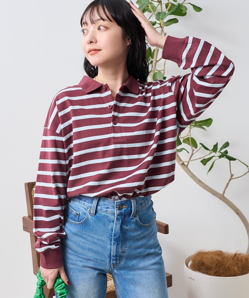 極美品✨プリーツプリーズ 異素材ドッキング ボーダートップス ピンク系 XL SLY（スライ）の「MINK LIKE H/S BORDER TOPS/ハーフスリーブ