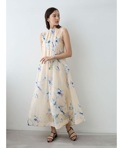 新品★マルティニーク　ペイントプリントタックワンピース　結婚式　オケージョン 結婚式・パーティー・オケージョンドレス】裾サイドフロッキー